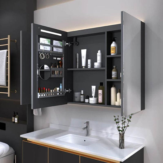 Matt Grey Stainless Steel Wall Mounted Mirror Makeup Lockable Storage Organizer Led Light Jewelry Cabinet - My Store