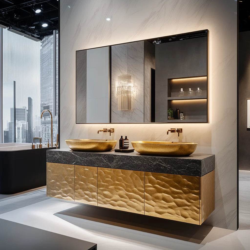 Custom Marble Luxury Bathroom Vanity Gold Trim Floating Double Bathroom Vanity With Basin - My Store