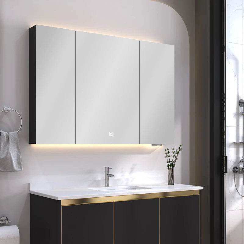 Matt Grey Stainless Steel Wall Mounted Mirror Makeup Lockable Storage Organizer Led Light Jewelry Cabinet - My Store