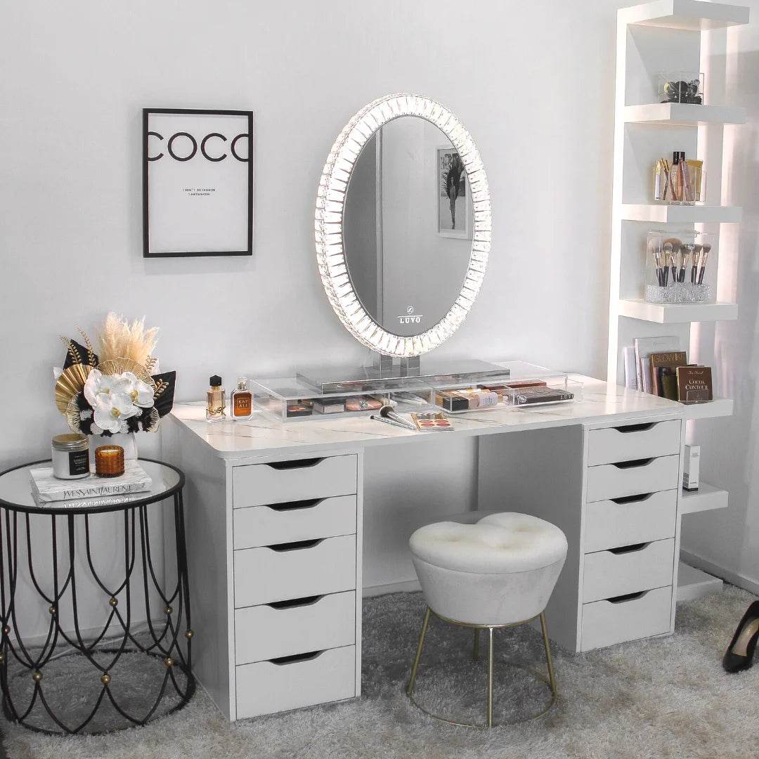 Hotel Oval Led Standing Circle Diamond Crystal Led Make up Mirror Anti-Fog Bathroom Mirror With Led Light - My Store
