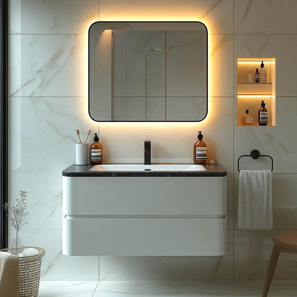 Modern Single Sintered Stone Floating for Bathroom Vanity Sink Cabinet Stainless Steel Carcase for Hotel Villa LED Mirror Vaniti - My Store