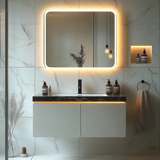 Modern Single Sintered Stone Floating for Bathroom Vanity Sink Cabinet Stainless Steel Carcase for Hotel Villa LED Mirror Vaniti - My Store